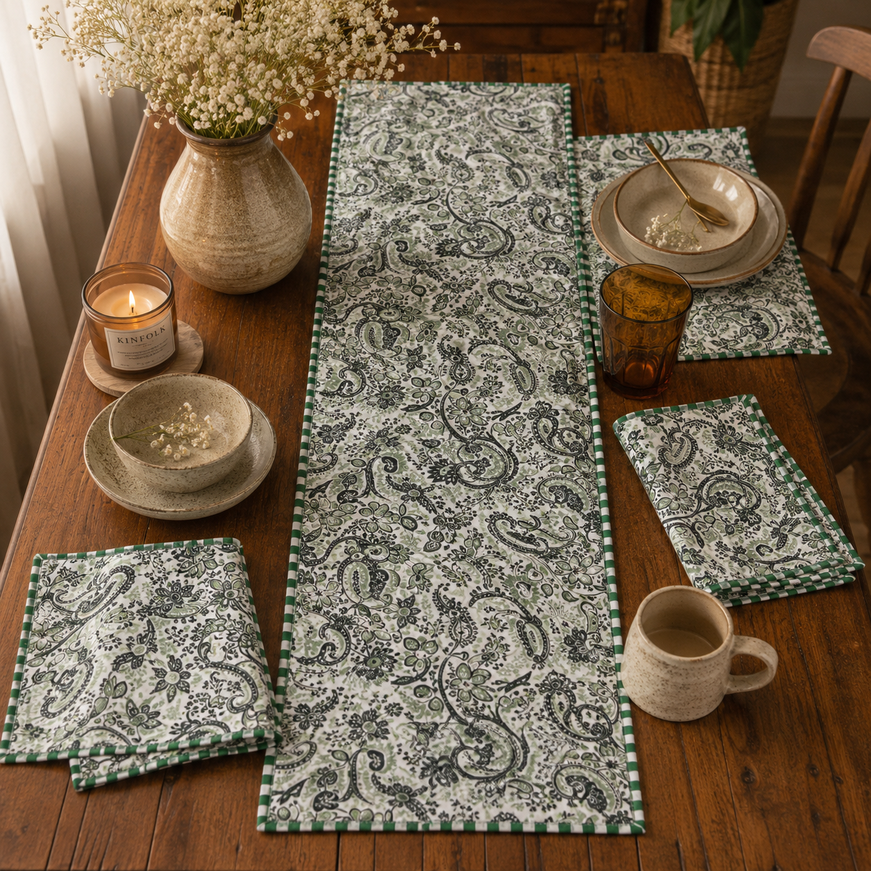 Lush Green Blooms Table Runner & Mats Set